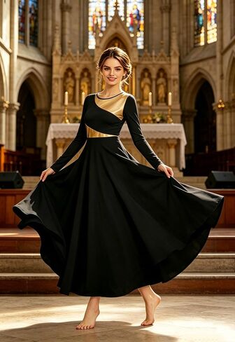 فساتين رقص Praise Worship للنساء باللون الذهبي المعدني، تنورة طويلة بحاشية الكنيسة، زي رقص غنائي in Kuwait