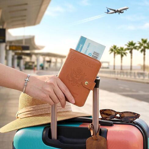 Tipmile RFID Passport Holder for Travel with AirTag Slot Women Men, Brown | Passport Cover Wallet with AirTag Slot, Snap Closure, 14 Slots & Embossed US Seal, Keeps Docs Secure and Organized in Saudi Arabia