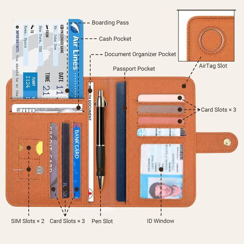Tipmile RFID Passport Holder for Travel with AirTag Slot Women Men, Brown | Passport Cover Wallet with AirTag Slot, Snap Closure, 14 Slots & Embossed US Seal, Keeps Docs Secure and Organized in Saudi Arabia