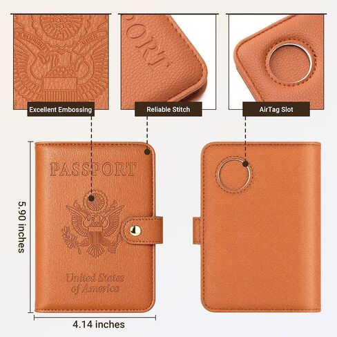 Tipmile RFID Passport Holder for Travel with AirTag Slot Women Men, Brown | Passport Cover Wallet with AirTag Slot, Snap Closure, 14 Slots & Embossed US Seal, Keeps Docs Secure and Organized in Saudi Arabia