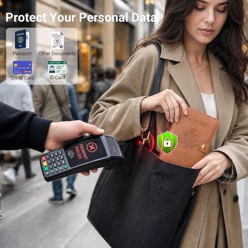Tipmile RFID Passport Holder for Travel with AirTag Slot Women Men, Brown | Passport Cover Wallet with AirTag Slot, Snap Closure, 14 Slots & Embossed US Seal, Keeps Docs Secure and Organized in Saudi Arabia