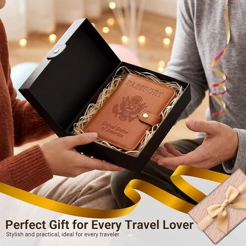 Tipmile RFID Passport Holder for Travel with AirTag Slot Women Men, Brown | Passport Cover Wallet with AirTag Slot, Snap Closure, 14 Slots & Embossed US Seal, Keeps Docs Secure and Organized in Saudi Arabia