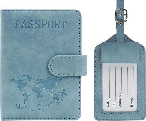 FuninCrea Passport Holder and Luggage Tag Set, RFID Blocking Passport Cover with 4 Credit Card Slots, Faux Leather Passport Wallet Travel Essentials for Women Men (Blue) in Kuwait
