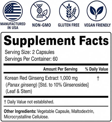 Korean Red Ginseng Capsules 1000mg - 10% Ginsenosides - 120 Vegetarian Capsules, 60 Servings - Premium Panax Ginseng Extract for Energy, Focus & Immune Support - Vegan, Non-GMO in Saudi Arabia