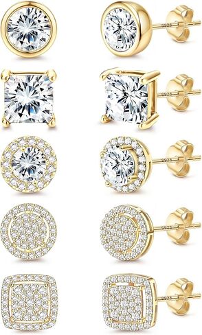 FIBO STEEL 14K Gold Plated Stud Earrings for Men Women Hypoallergenic | 925 Sterling Silver Cubic Zirconia Earrings Studs | Big Brilliant Simulated Diamond CZ Halo Studs Earring for Sensitive Ears in Kuwait