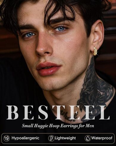 BESTEEL Earrings For Men - Hypoallergenic 14K Gold Plated Small Hoop Earrings With S925 Sterling Silver Posts Trendy Thick Lightweight Silver CZ Cartilage Huggie Hoops Mens Earrings for Sensitive Ears in Kuwait