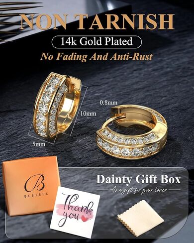 BESTEEL Earrings For Men - Hypoallergenic 14K Gold Plated Small Hoop Earrings With S925 Sterling Silver Posts Trendy Thick Lightweight Silver CZ Cartilage Huggie Hoops Mens Earrings for Sensitive Ears in Kuwait