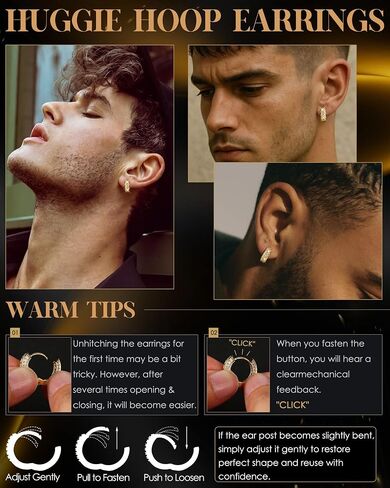 BESTEEL Earrings For Men - Hypoallergenic 14K Gold Plated Small Hoop Earrings With S925 Sterling Silver Posts Trendy Thick Lightweight Silver CZ Cartilage Huggie Hoops Mens Earrings for Sensitive Ears in Kuwait