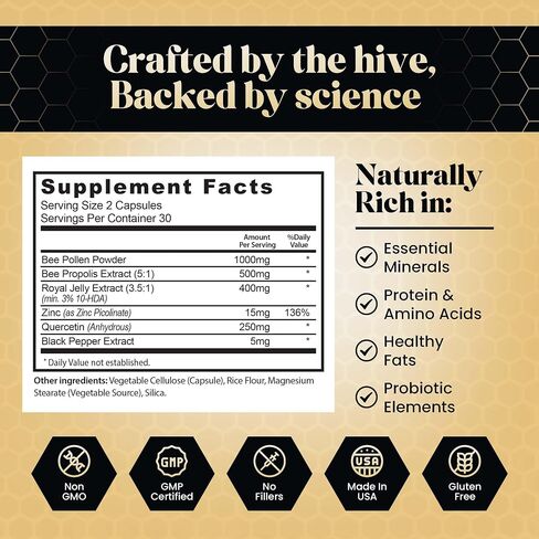 Bee Pollen Capsules W/Propolis & Royal Jelly - Propolis Capsules, Bee Pollen Organic for Breast Growth, Royal Jelly Capsule – Non-GMO, Natural Energy, Immune & Vitality Support for Men & Women in Kuwait