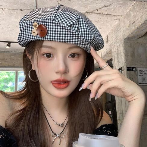 FZBNSRKO Lovely French Beret Hats Button Decorative Black/White Check Beret Hats for Women Girls in Kuwait