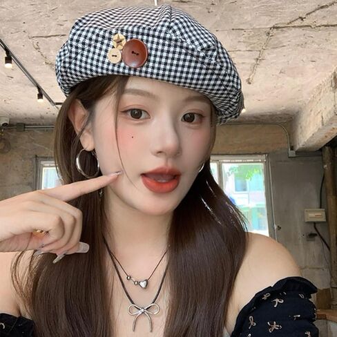 FZBNSRKO Lovely French Beret Hats Button Decorative Black/White Check Beret Hats for Women Girls in Kuwait