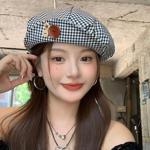 FZBNSRKO Lovely French Beret Hats Button Decorative Black/White Check Beret Hats for Women Girls in Kuwait