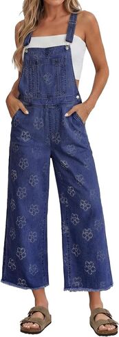 luvamia Denim Overalls for Women Wide Leg Capri Jean Jumpsuit Loose Fit Summer Stretchy Bib Overall Embroidered Raw Hem in Kuwait