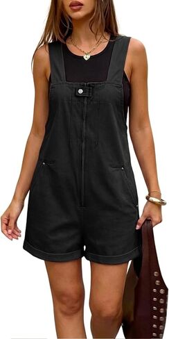 Denim Overall Shorts for Women 2026 Front Zip Closure Cuffed Hem Jean Romper Shortalls with 4 Pockets in Kuwait