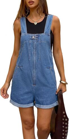 Denim Overall Shorts for Women 2026 Front Zip Closure Cuffed Hem Jean Romper Shortalls with 4 Pockets in Kuwait
