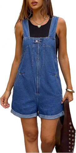 Denim Overall Shorts for Women 2026 Front Zip Closure Cuffed Hem Jean Romper Shortalls with 4 Pockets in Kuwait