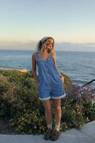 Denim Overall Shorts for Women 2026 Front Zip Closure Cuffed Hem Jean Romper Shortalls with 4 Pockets in Kuwait