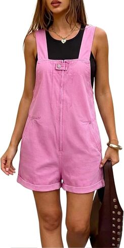 Denim Overall Shorts for Women 2026 Front Zip Closure Cuffed Hem Jean Romper Shortalls with 4 Pockets in Kuwait