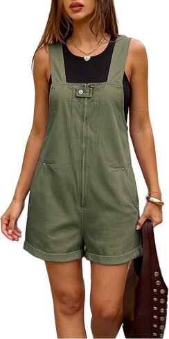 Denim Overall Shorts for Women 2026 Front Zip Closure Cuffed Hem Jean Romper Shortalls with 4 Pockets in Kuwait