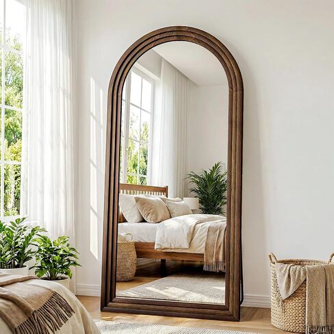 30"x71" Full Length Mirror Solid Wood Frame, Arched Floor Mirror Full Length with Stand, Room Decor Big Full Body Mirror with HD Tempered Glass for Bedroom, Living Room, Walnut in Saudi Arabia