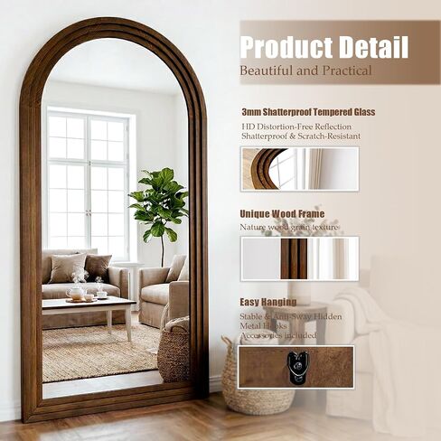 30"x71" Full Length Mirror Solid Wood Frame, Arched Floor Mirror Full Length with Stand, Room Decor Big Full Body Mirror with HD Tempered Glass for Bedroom, Living Room, Walnut in Saudi Arabia