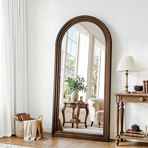 30"x71" Full Length Mirror Solid Wood Frame, Arched Floor Mirror Full Length with Stand, Room Decor Big Full Body Mirror with HD Tempered Glass for Bedroom, Living Room, Walnut in Saudi Arabia