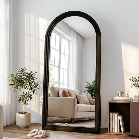 30"x71" Full Length Mirror Solid Wood Frame, Arched Floor Mirror Full Length with Stand, Room Decor Big Full Body Mirror with HD Tempered Glass for Bedroom, Living Room, Walnut in Saudi Arabia