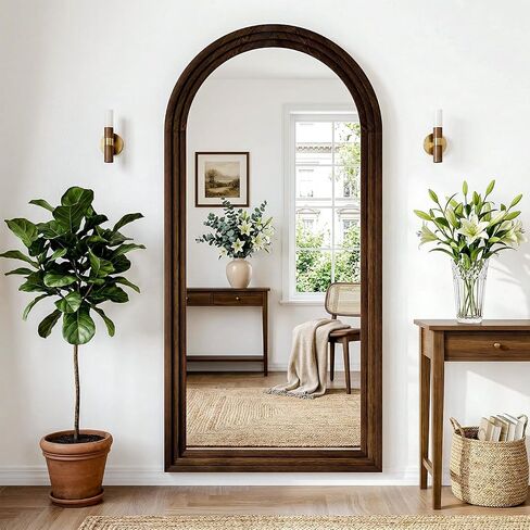 30"x71" Full Length Mirror Solid Wood Frame, Arched Floor Mirror Full Length with Stand, Room Decor Big Full Body Mirror with HD Tempered Glass for Bedroom, Living Room, Walnut in Saudi Arabia
