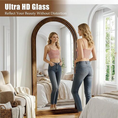 30"x71" Full Length Mirror Solid Wood Frame, Arched Floor Mirror Full Length with Stand, Room Decor Big Full Body Mirror with HD Tempered Glass for Bedroom, Living Room, Walnut in Saudi Arabia