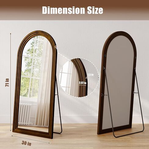 30"x71" Full Length Mirror Solid Wood Frame, Arched Floor Mirror Full Length with Stand, Room Decor Big Full Body Mirror with HD Tempered Glass for Bedroom, Living Room, Walnut in Saudi Arabia