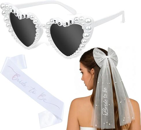 JoyChoi Bachelorette Party Accessories Set for Bride – Bride to Be Sash, Heart Sunglasses & Pearl Bow Veil – Bridal Shower Decorations, Engagement Party Favors & Wedding Gifts for Women in Saudi Arabia