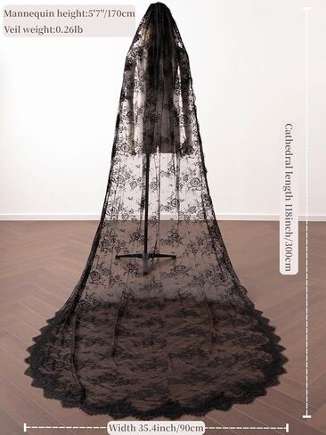 Long Black Lace Floral Wedding Bridal Veil Gothic Veil with Comb for Bride in Saudi Arabia