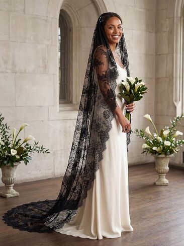 Long Black Lace Floral Wedding Bridal Veil Gothic Veil with Comb for Bride in Saudi Arabia