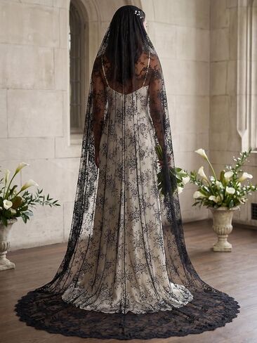 Long Black Lace Floral Wedding Bridal Veil Gothic Veil with Comb for Bride in Saudi Arabia