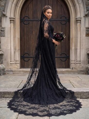 Long Black Lace Floral Wedding Bridal Veil Gothic Veil with Comb for Bride in Saudi Arabia