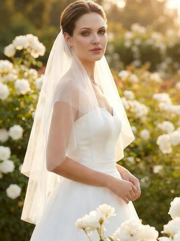 2 Tier Wedding Veils Ivory Fingertip Bridal Tulle Veil Simple Veils with Comb for Brides and Women (Ivory) in Kuwait