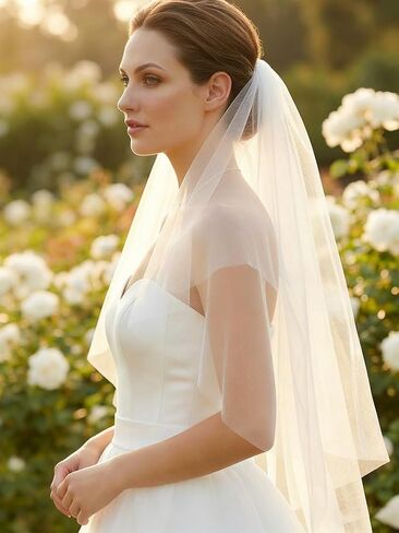 2 Tier Wedding Veils Ivory Fingertip Bridal Tulle Veil Simple Veils with Comb for Brides and Women (Ivory) in Kuwait