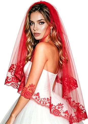 Red Lace Bridal Veil Embroidered Floral Edge Wedding Veil Two Tiers Gorgeous Halloween Veils Elegant Fingertip Length Veils for Brides Women in Kuwait