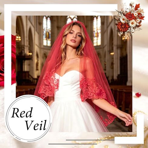 Red Lace Bridal Veil Embroidered Floral Edge Wedding Veil Two Tiers Gorgeous Halloween Veils Elegant Fingertip Length Veils for Brides Women in Kuwait