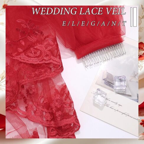 Red Lace Bridal Veil Embroidered Floral Edge Wedding Veil Two Tiers Gorgeous Halloween Veils Elegant Fingertip Length Veils for Brides Women in Kuwait