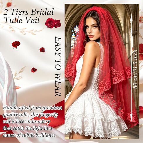 Red Lace Bridal Veil Embroidered Floral Edge Wedding Veil Two Tiers Gorgeous Halloween Veils Elegant Fingertip Length Veils for Brides Women in Kuwait