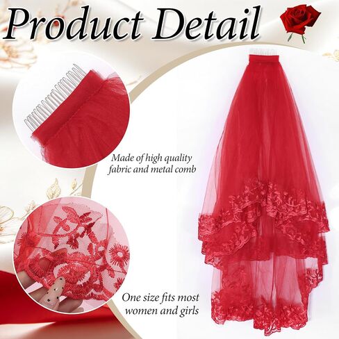 Red Lace Bridal Veil Embroidered Floral Edge Wedding Veil Two Tiers Gorgeous Halloween Veils Elegant Fingertip Length Veils for Brides Women in Kuwait