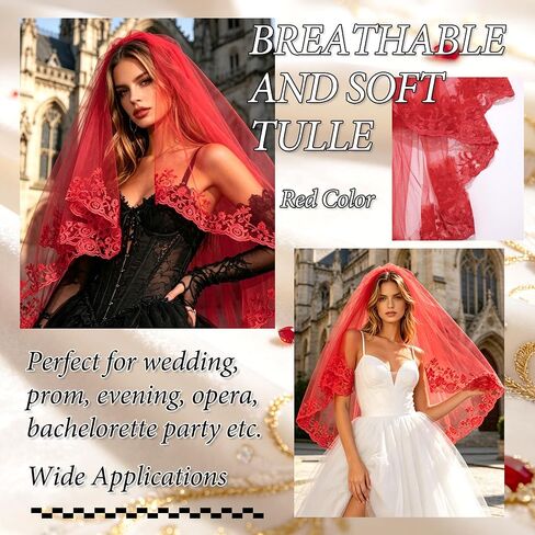 Red Lace Bridal Veil Embroidered Floral Edge Wedding Veil Two Tiers Gorgeous Halloween Veils Elegant Fingertip Length Veils for Brides Women in Kuwait