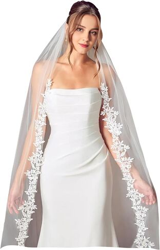 Pearl Lace Edge 1 Tier Long Wedding Bridal Veil with Comb for Brides in Saudi Arabia