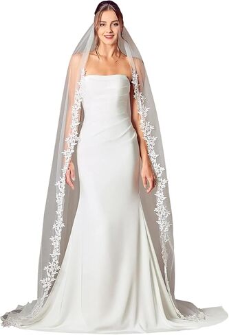 Lace Edge 1 Tier Long Wedding Bridal Veil with Metal Comb for Brides in Saudi Arabia