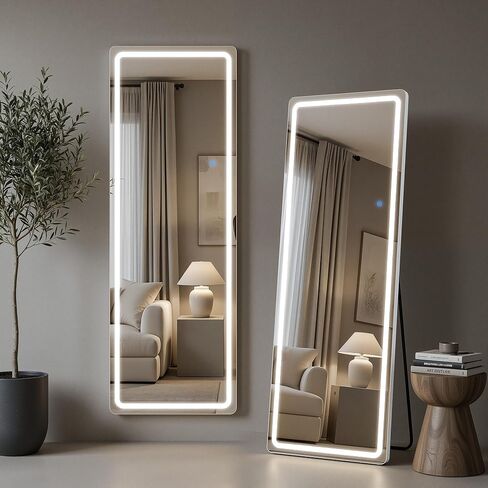 58"x18" Full Length Mirror with LED Lights, Dimmable Lighted Floor Mirror with 3 Color Lighting & Touch Control, Standing Wall Mounted Full Body Mirror, Tempered Glass for Bedroom, White in Saudi Arabia