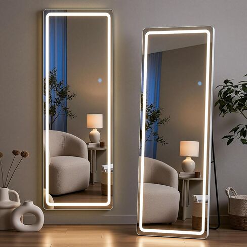 58"x18" Full Length Mirror with LED Lights, Dimmable Lighted Floor Mirror with 3 Color Lighting & Touch Control, Standing Wall Mounted Full Body Mirror, Tempered Glass for Bedroom, White in Saudi Arabia