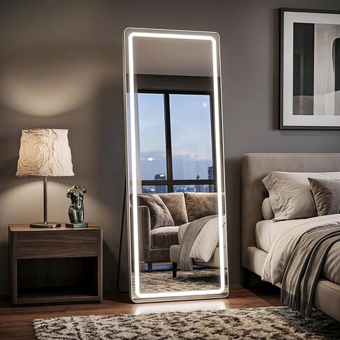 58"x18" Full Length Mirror with LED Lights, Dimmable Lighted Floor Mirror with 3 Color Lighting & Touch Control, Standing Wall Mounted Full Body Mirror, Tempered Glass for Bedroom, White in Saudi Arabia