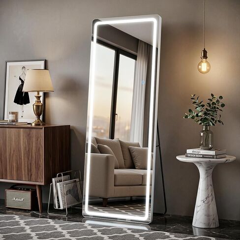 58"x18" Full Length Mirror with LED Lights, Dimmable Lighted Floor Mirror with 3 Color Lighting & Touch Control, Standing Wall Mounted Full Body Mirror, Tempered Glass for Bedroom, White in Saudi Arabia