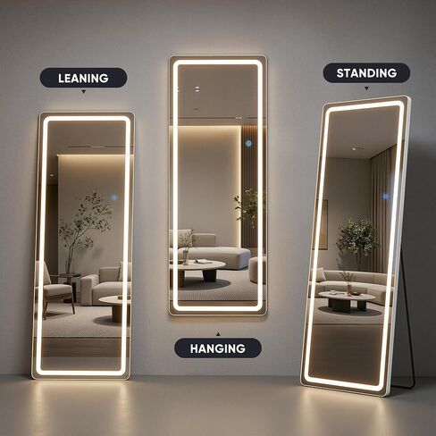 58"x18" Full Length Mirror with LED Lights, Dimmable Lighted Floor Mirror with 3 Color Lighting & Touch Control, Standing Wall Mounted Full Body Mirror, Tempered Glass for Bedroom, White in Saudi Arabia